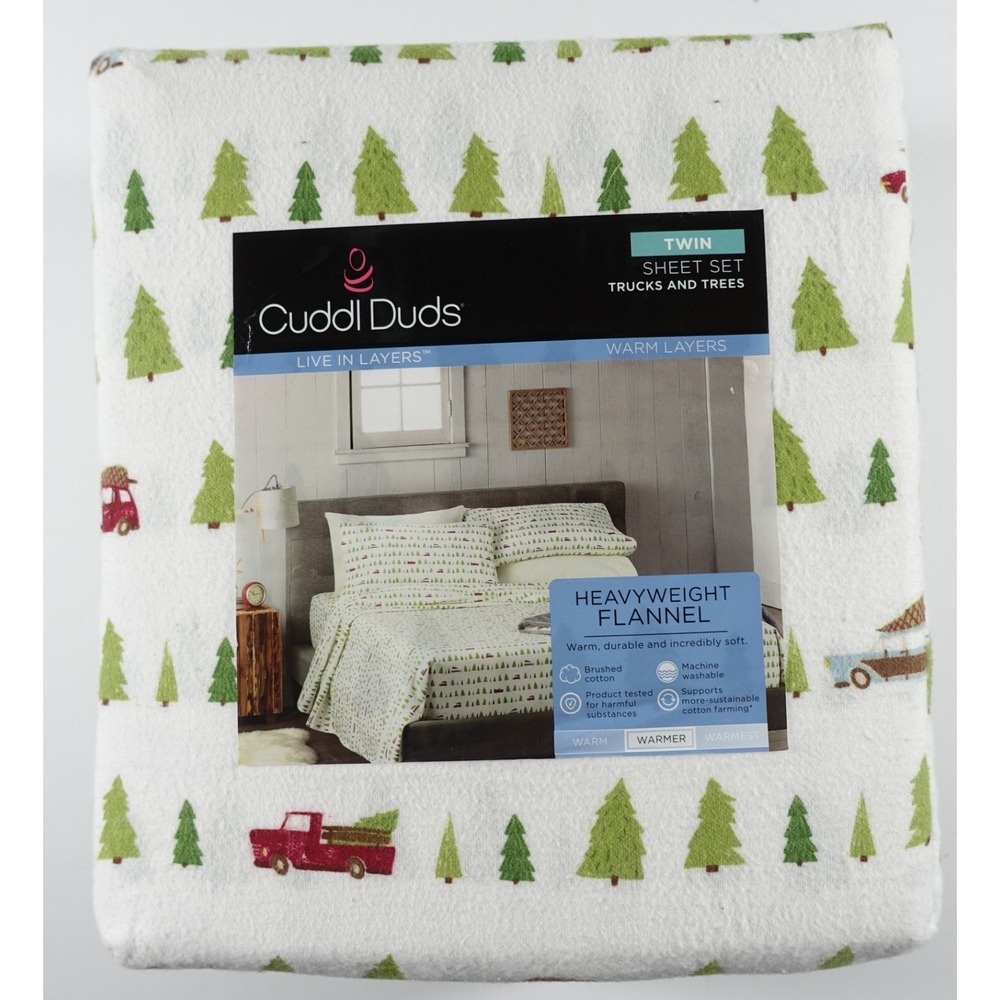 Cuddl Duds Twin Sheet Set Trucks Trees Heavyweight Flannel Cotton White Green